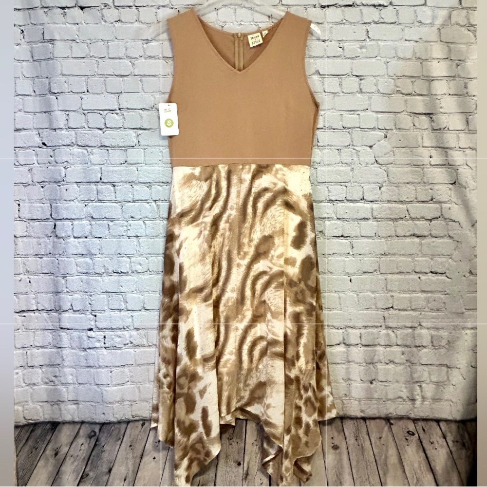 NWT Women’s Sleeveless Beige Asymmetrical Hemline Dress- medium